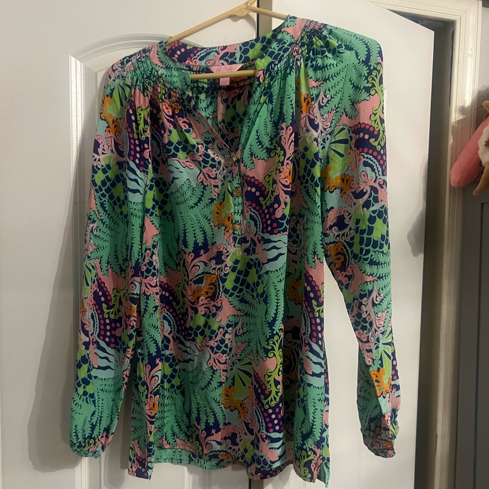 Lilly Pulitzer Elsa Silk Top Bringing Mermaid Back Size Large